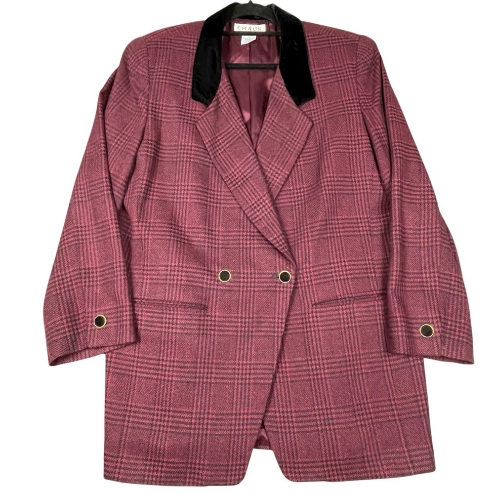 Vtg Chaus Plaid Wool Blend Double Breasted Velvet Trim Holiday Preppy Blazer 14